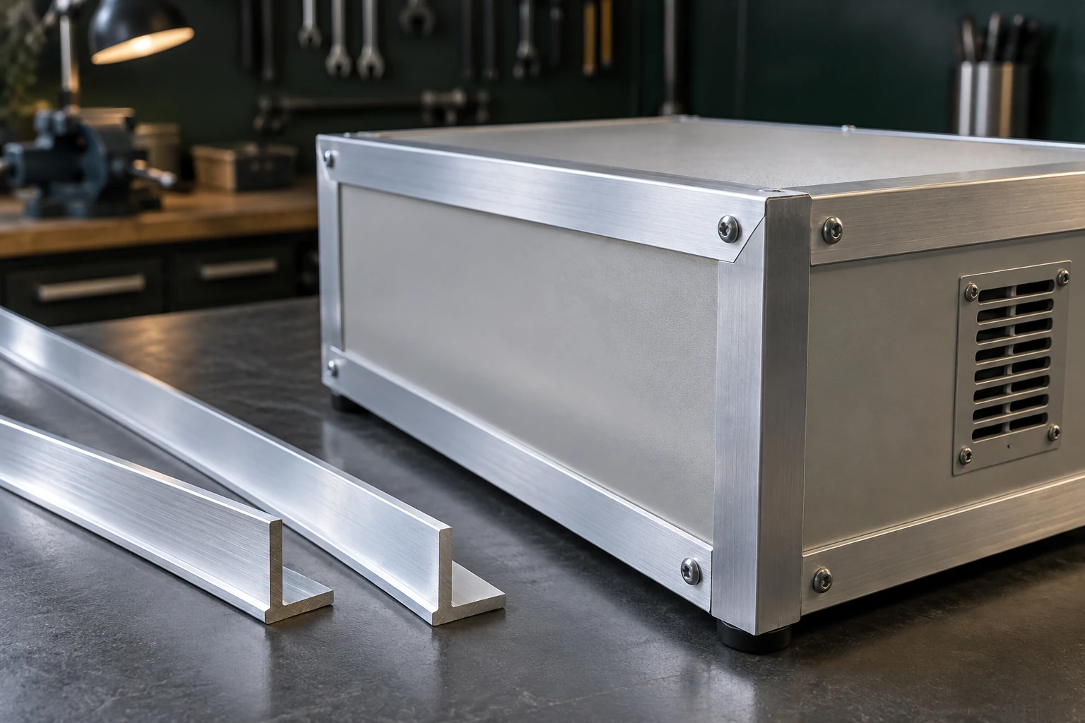 Illustrative silver equal-leg aluminum angles beside a compact equipment enclosure