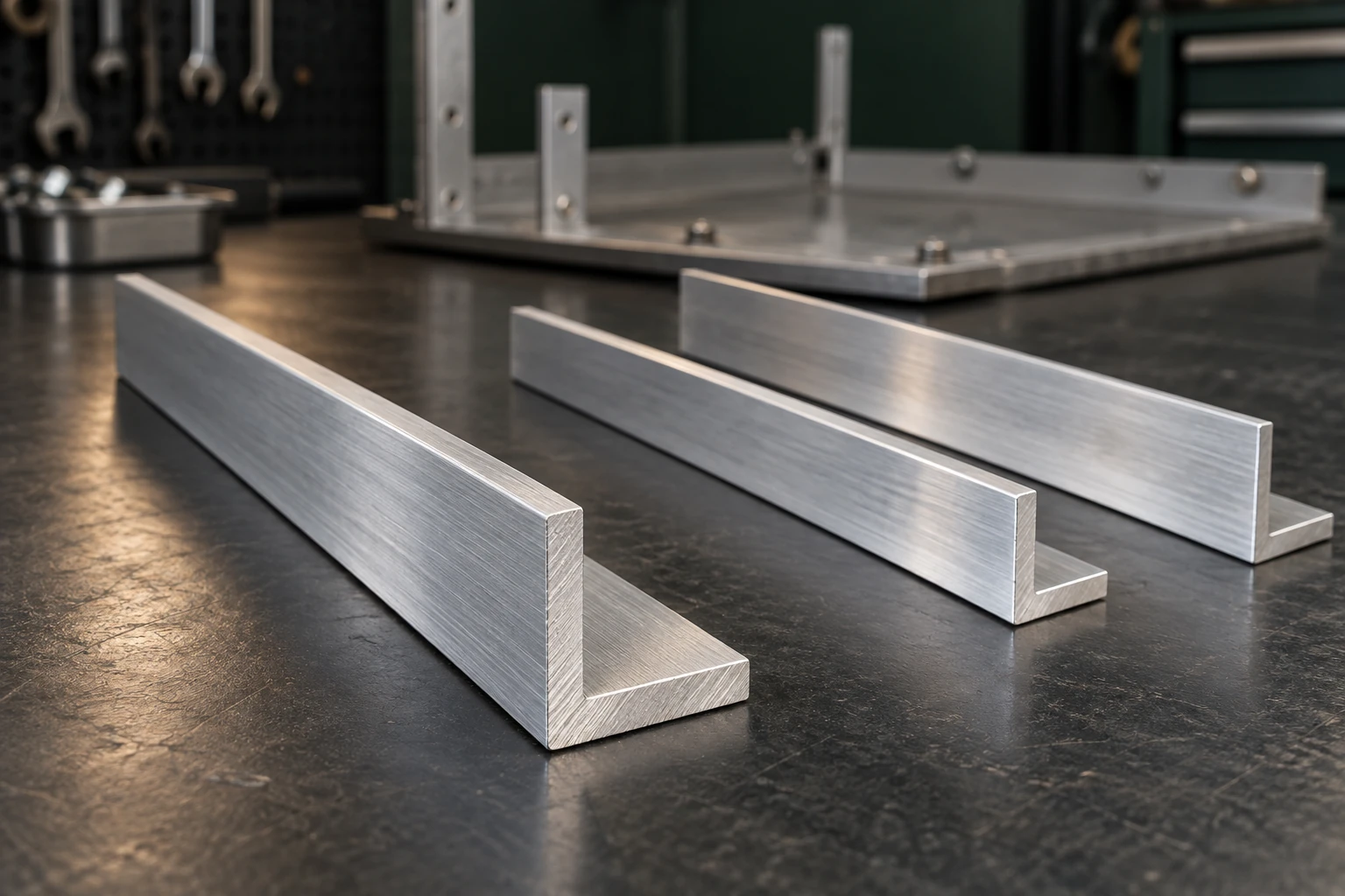 Illustrative equal-leg aluminum angle extrusions on an industrial assembly workbench