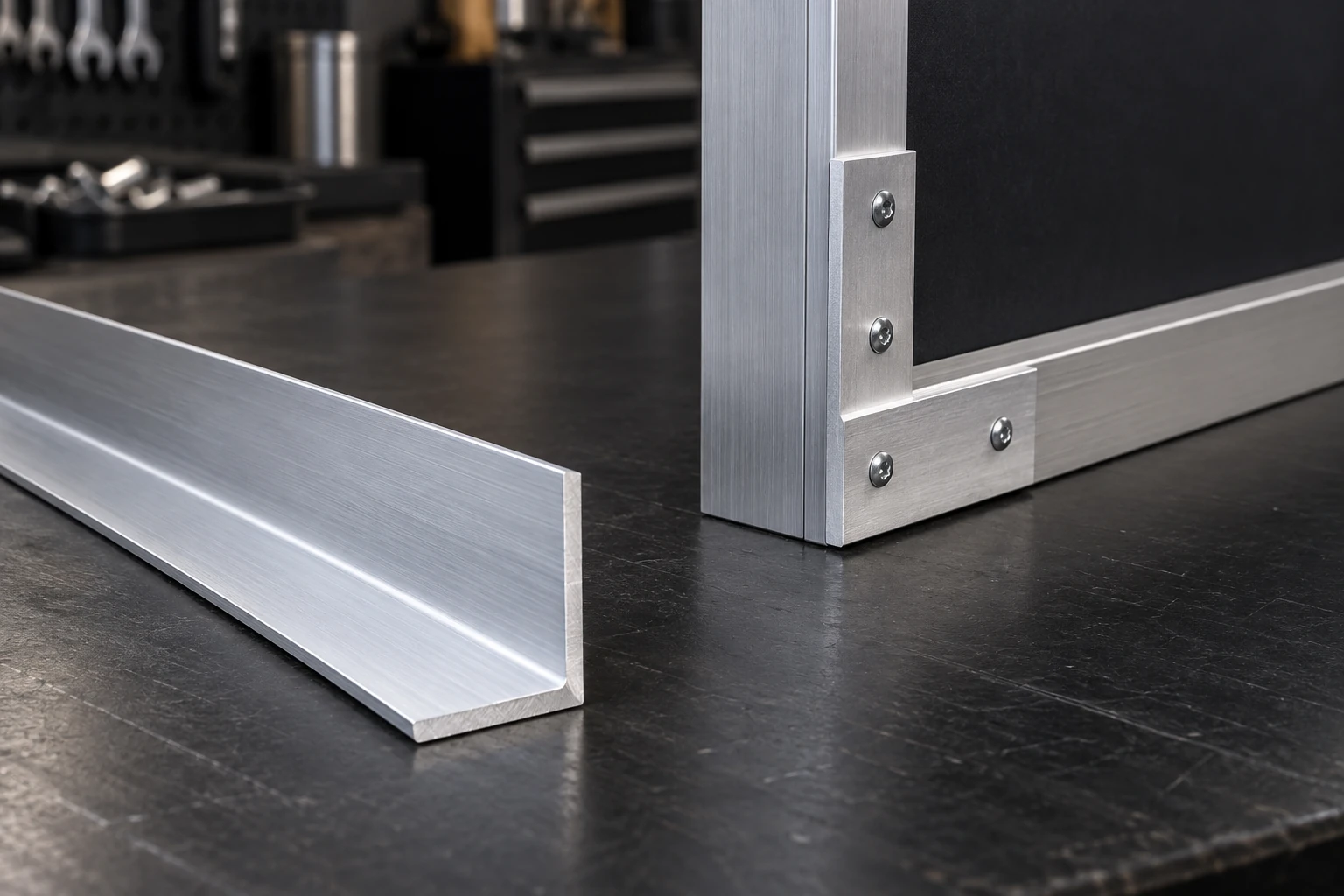 Illustrative equal-leg aluminum angle used at an industrial frame corner