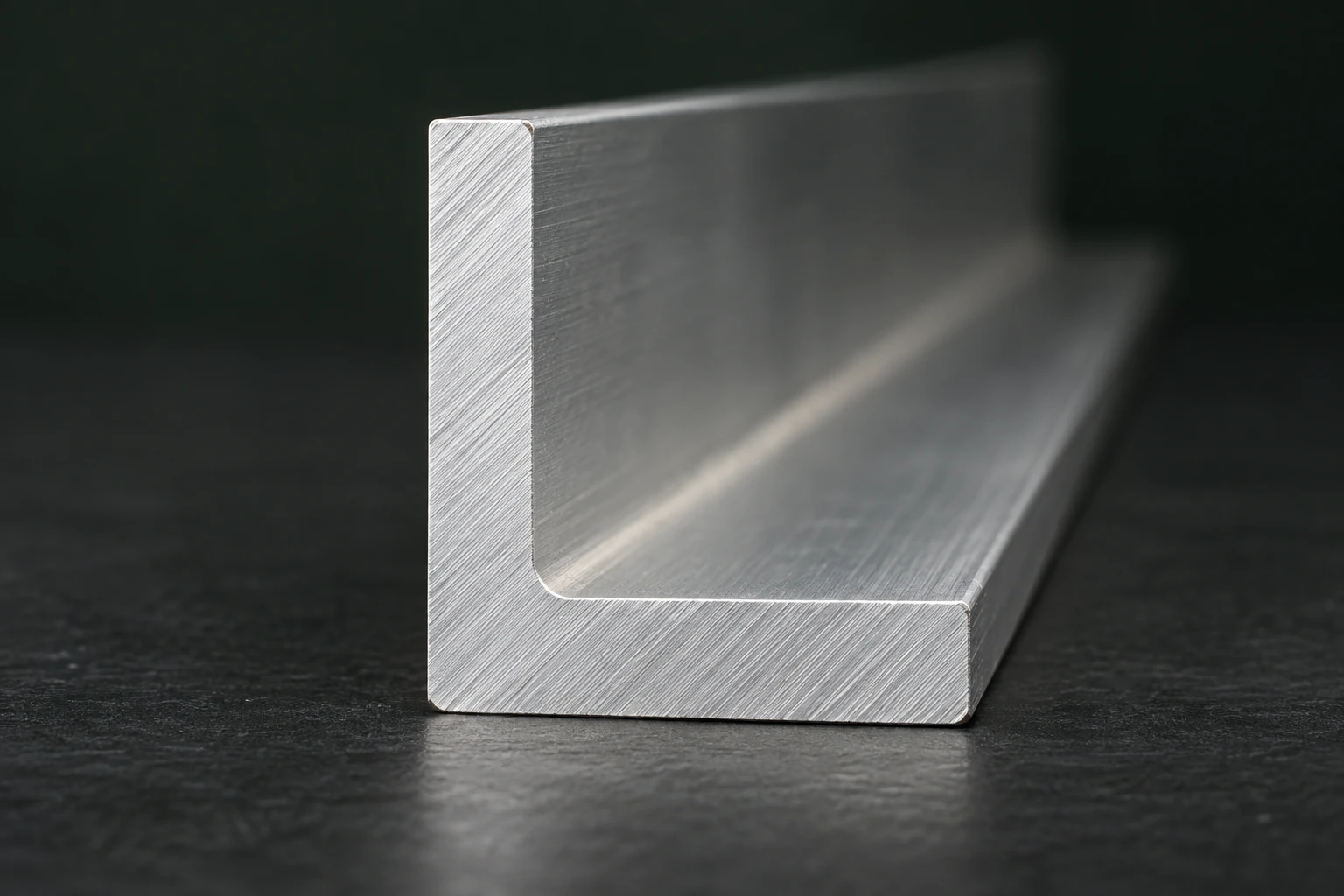 Close-up of a brushed aluminum equal-leg angle with a clean L-shaped cut end