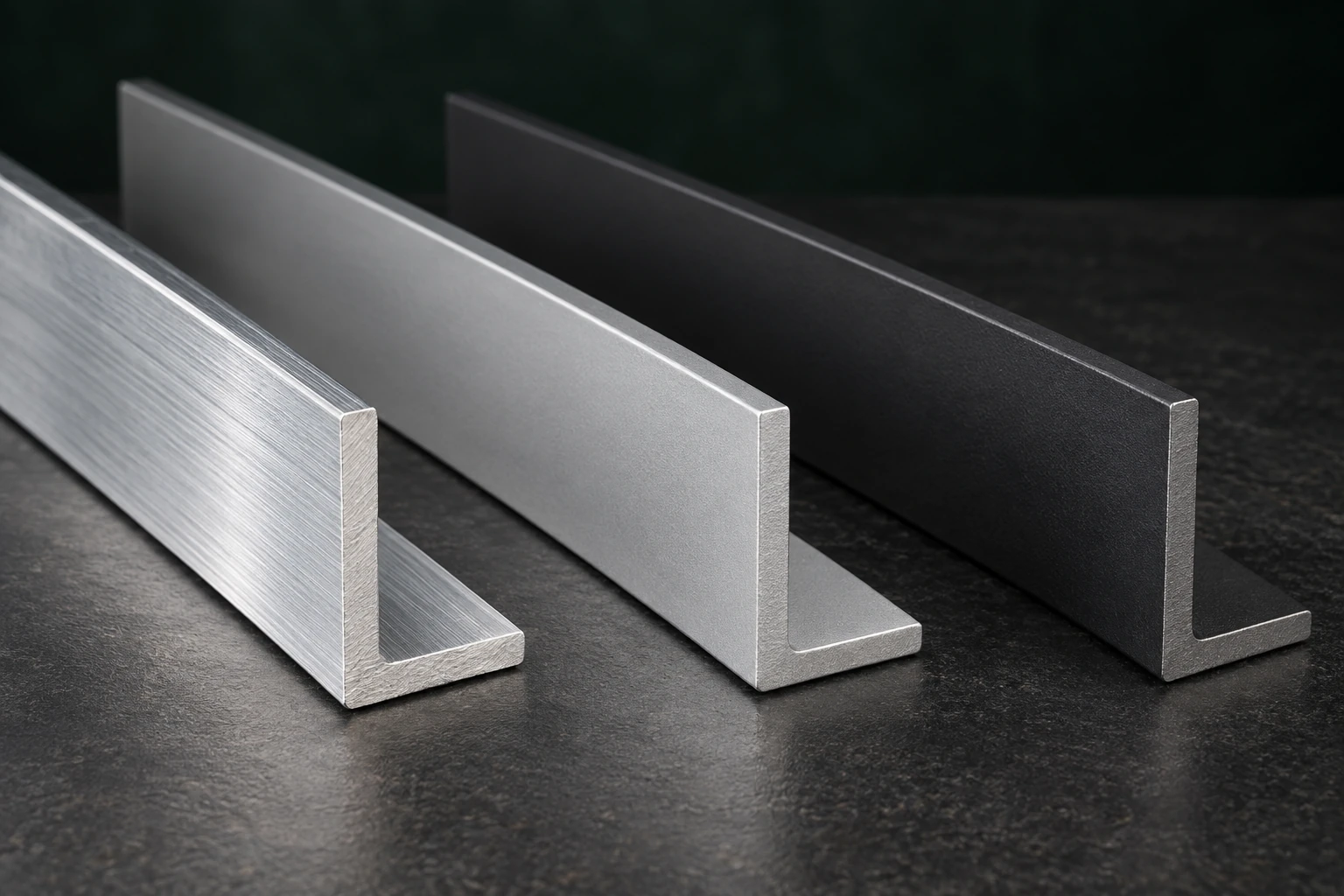 Illustrative equal-leg aluminum angles with mill, anodized and dark powder-coated appearances