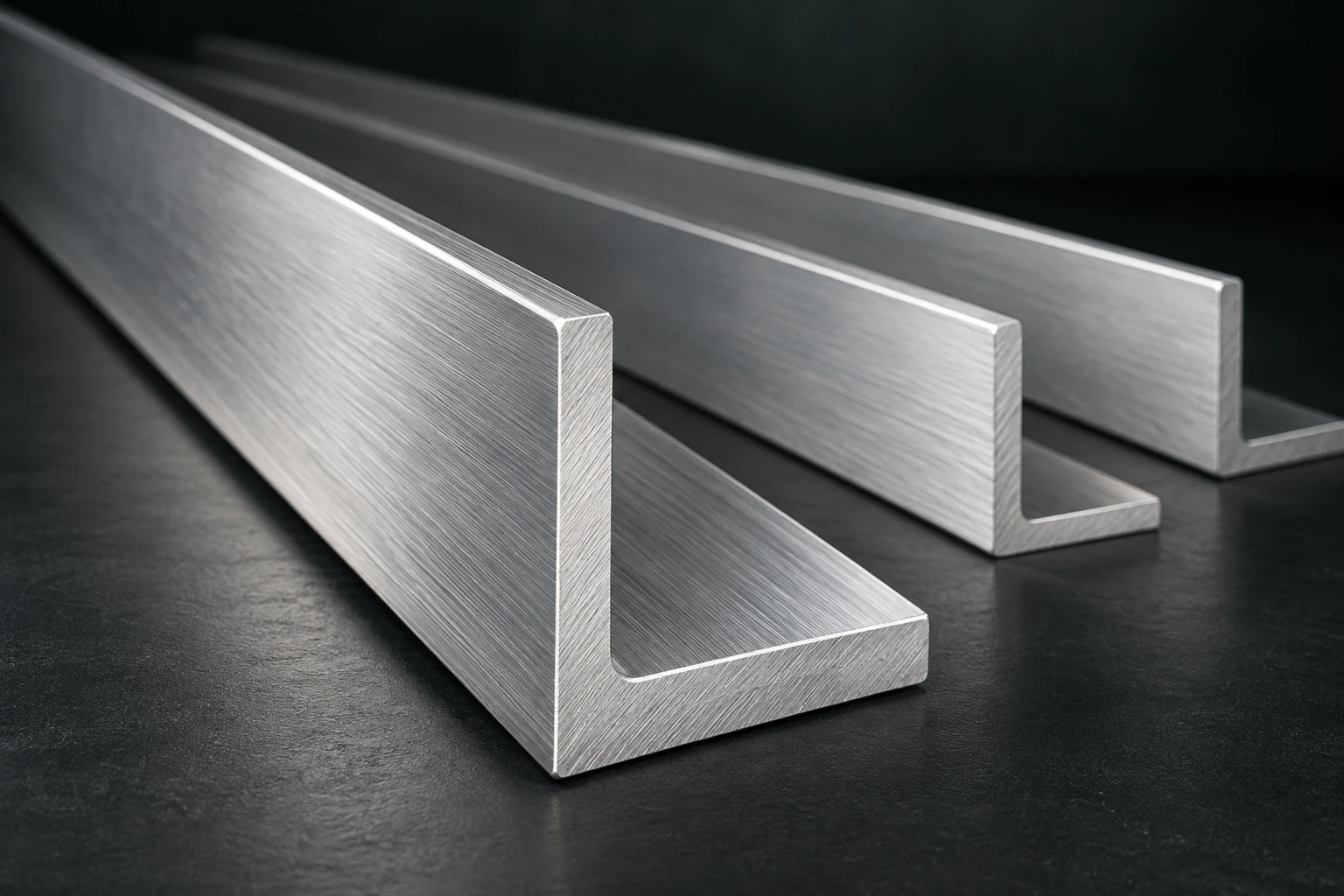 Illustrative brushed silver equal-leg aluminum angle extrusions with visible L-shaped profiles