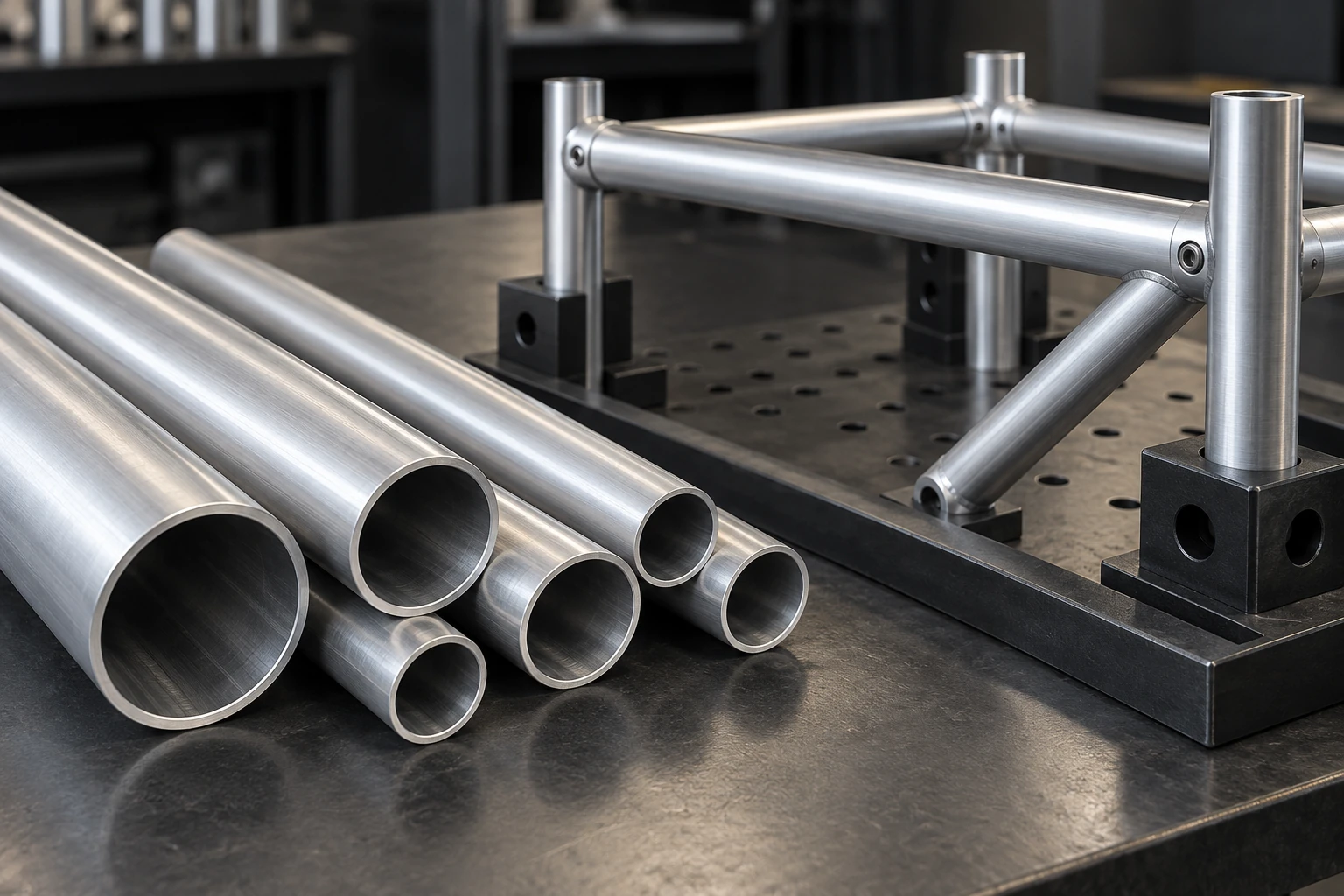 Illustrative fabrication workstation with hollow aluminum round tube sections and a tubular assembly