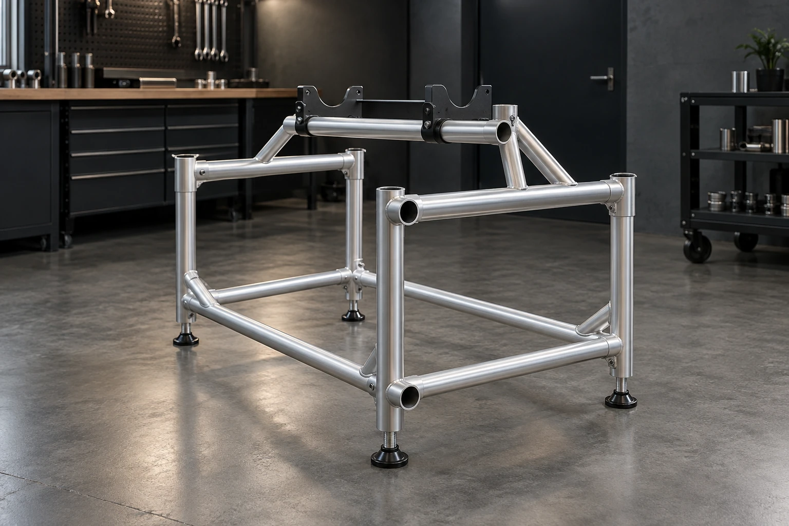 Illustrative light industrial support frame assembled from silver aluminum round tubes