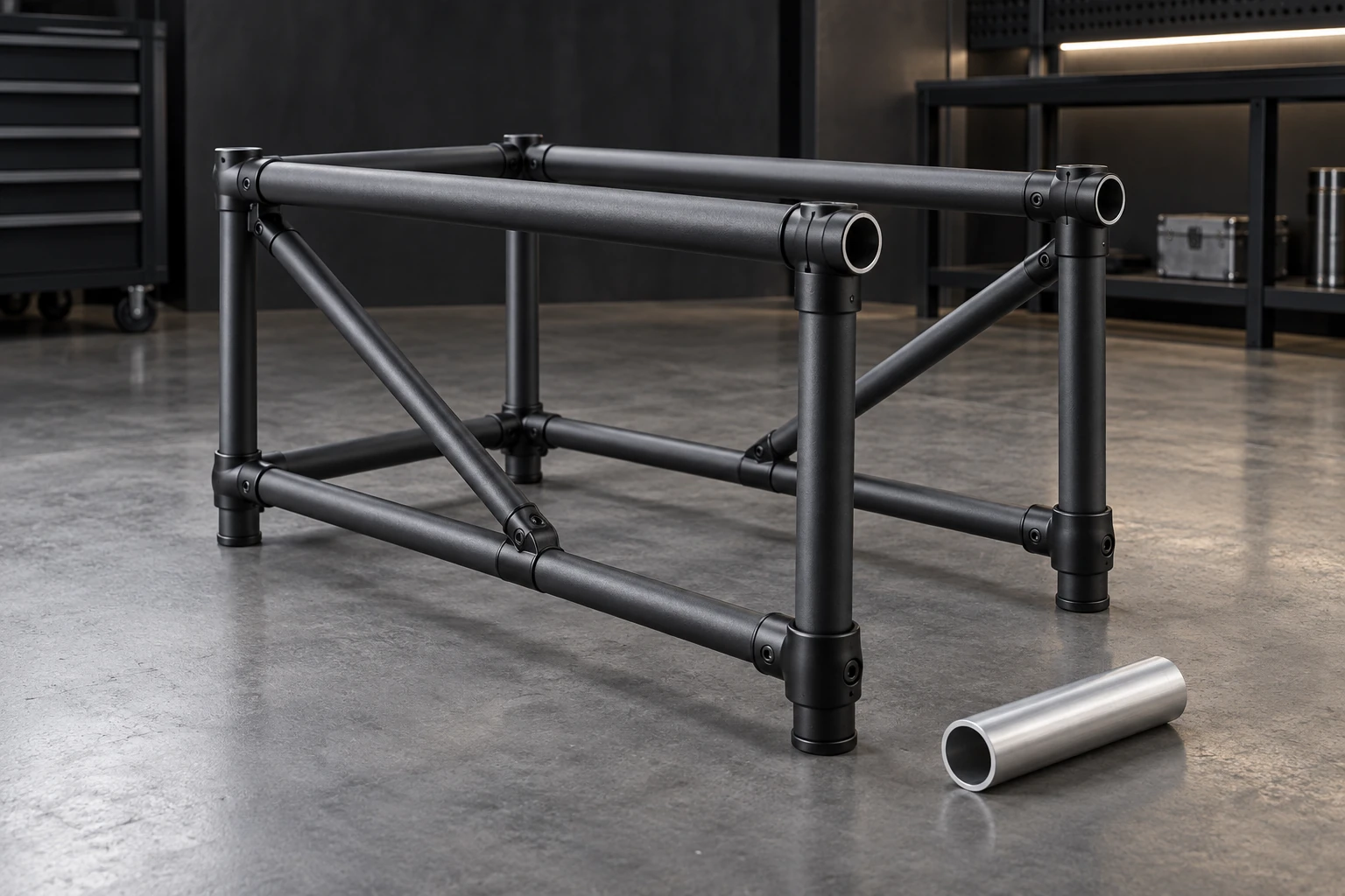Illustrative dark powder-coated aluminum round tube equipment frame with a silver tube sample