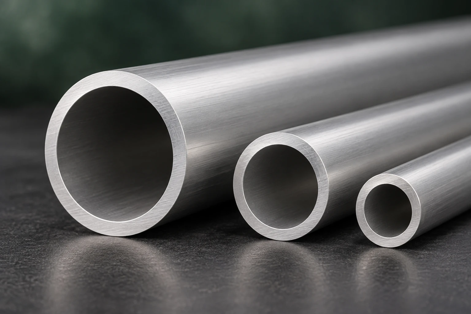 Close-up of hollow aluminum round tube end faces and brushed tube walls