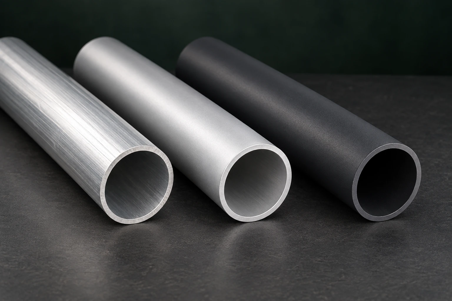 Illustrative aluminum round tubes with mill, anodized and dark powder-coated appearances