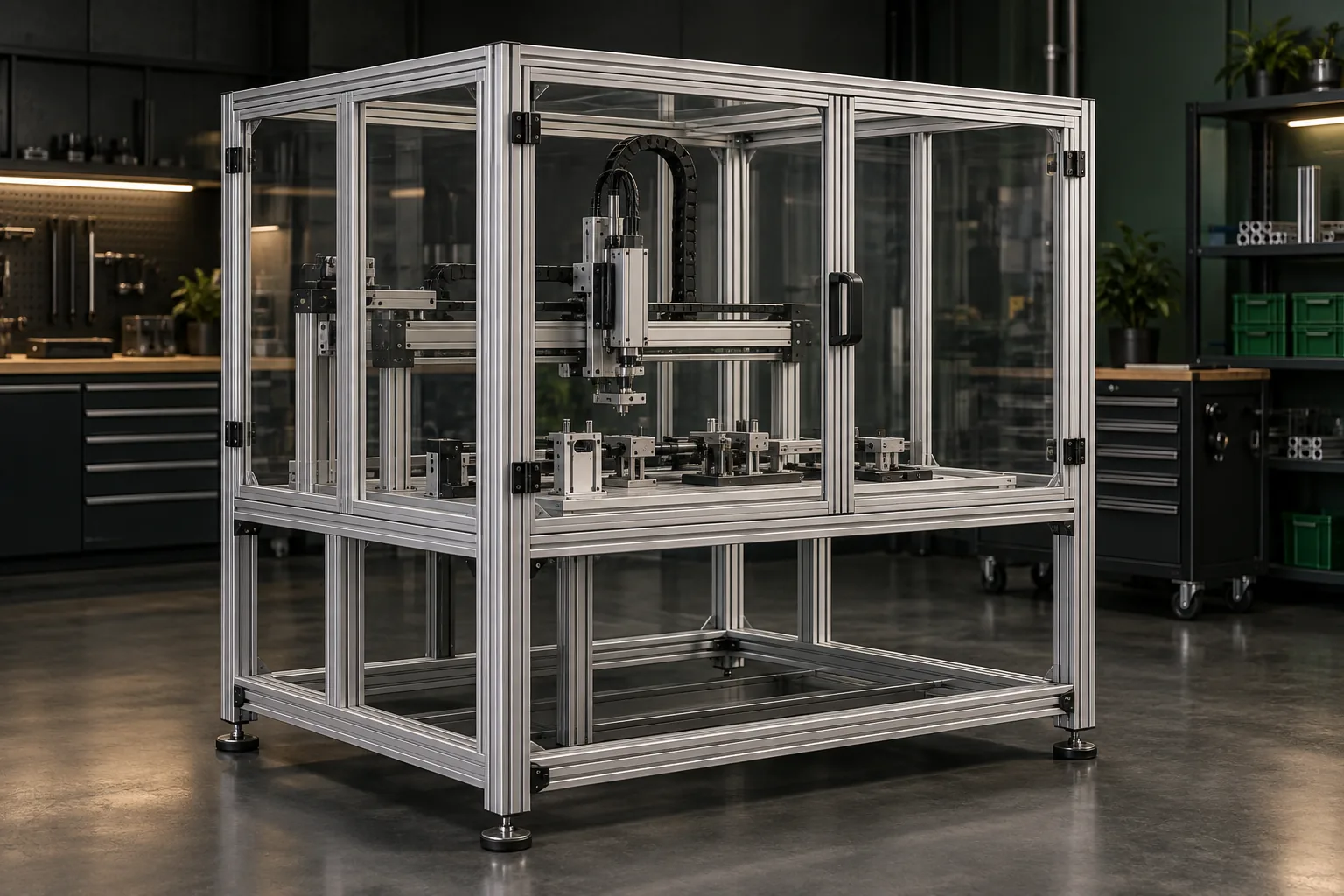 Illustrative silver T-slot aluminum frame enclosing a compact industrial machine