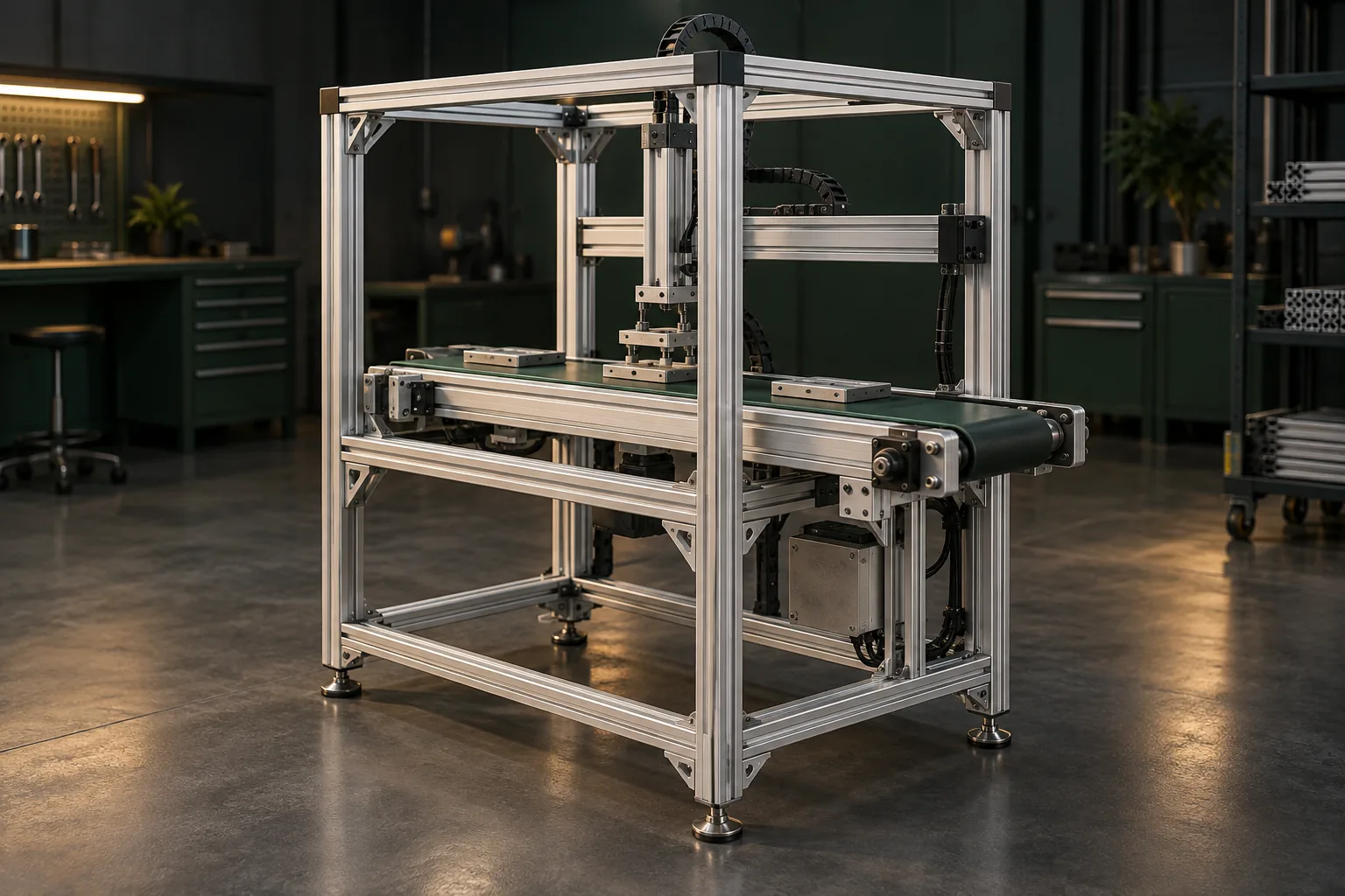 Illustrative modular T-slot aluminum structure supporting a compact conveyor module