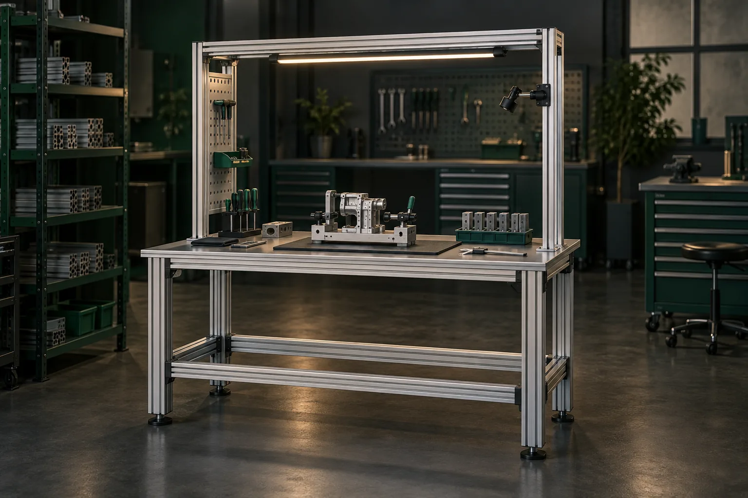 Illustrative T-slot aluminum workstation with a fixture and inspection frame